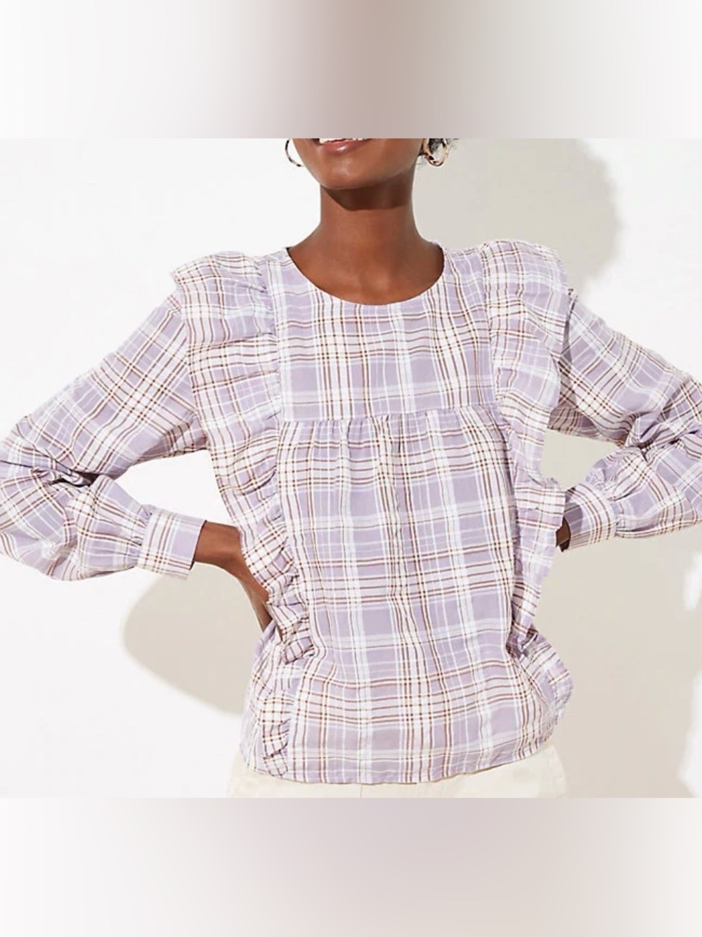 NWT loft purple plaid cottagecore boho ruffle blouse medium